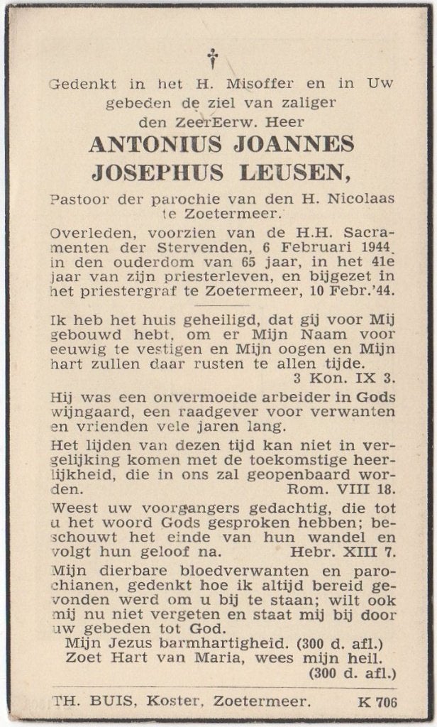 pastoor Antonius J.J. Leusen 1878 Haarlem + 1944 Den Haag, Verzenden