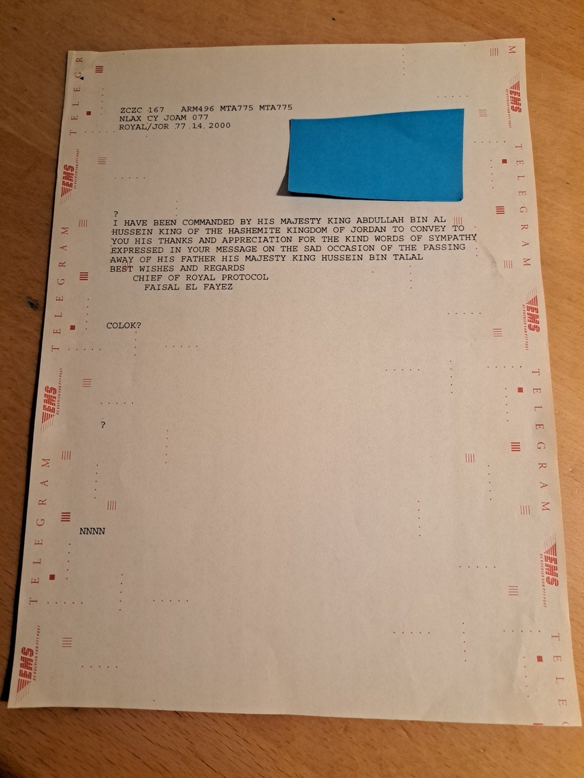 Telegram van Koning Abdullah II van Jordanië (2000), Ophalen of Verzenden, Kaart, Foto of Prent
