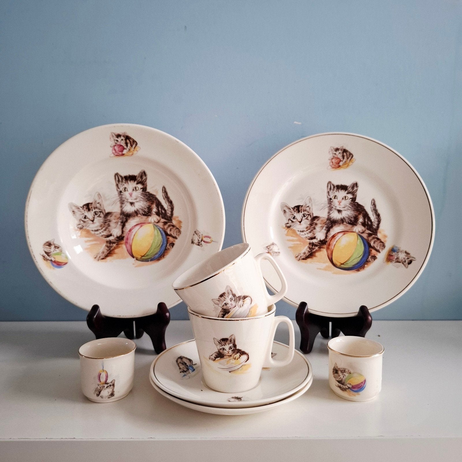 Petrus Regout, vintage kinderservies met poesjes, Ophalen of Verzenden