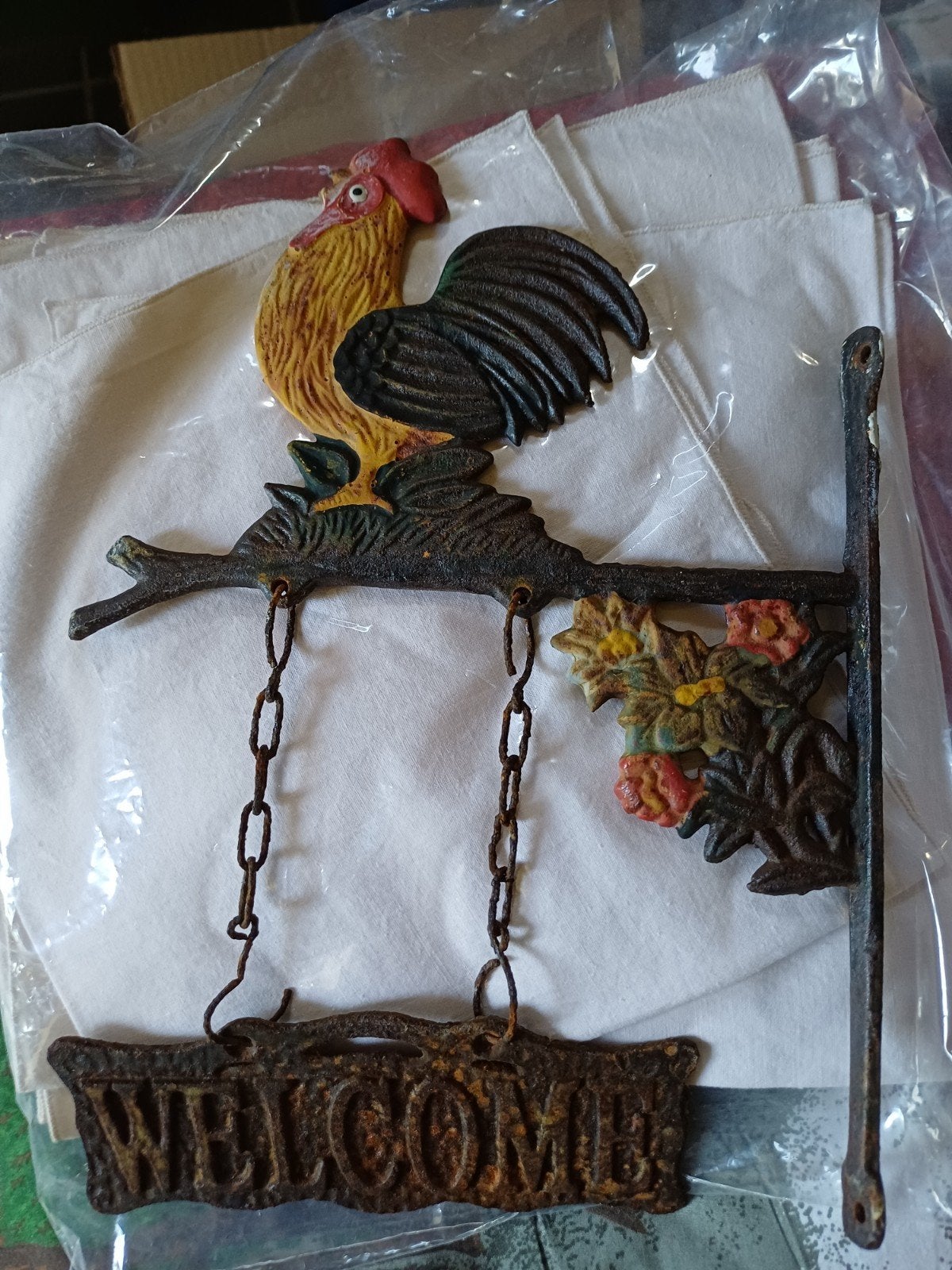 Decoratieve haan 'Welcome' bordje van metaal, Huis en Inrichting, Gebruikt, Meerkleurig, Ophalen of Verzenden, Landelijk