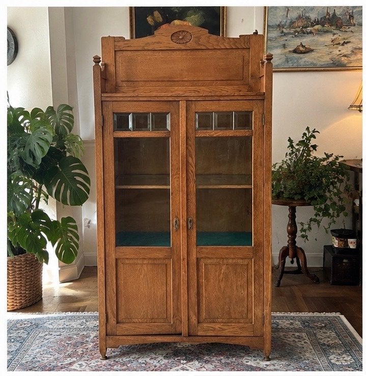 Stijlvol Art Deco Eiken Boekenkastje met Glazen Deuren, Antiek en Kunst, Antiek | Meubels | Kasten, Ophalen