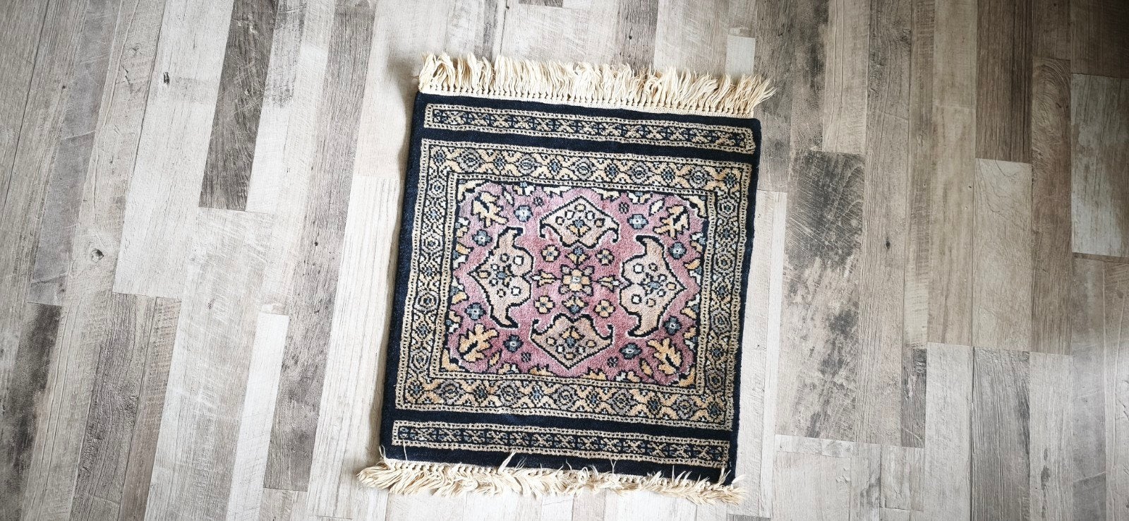 Vintage Oosters Tapijt 46x57 cm - Handgeweven Roze/Blauw, Minder dan 50 cm, Gebruikt, 50 tot 100 cm, Blauw
