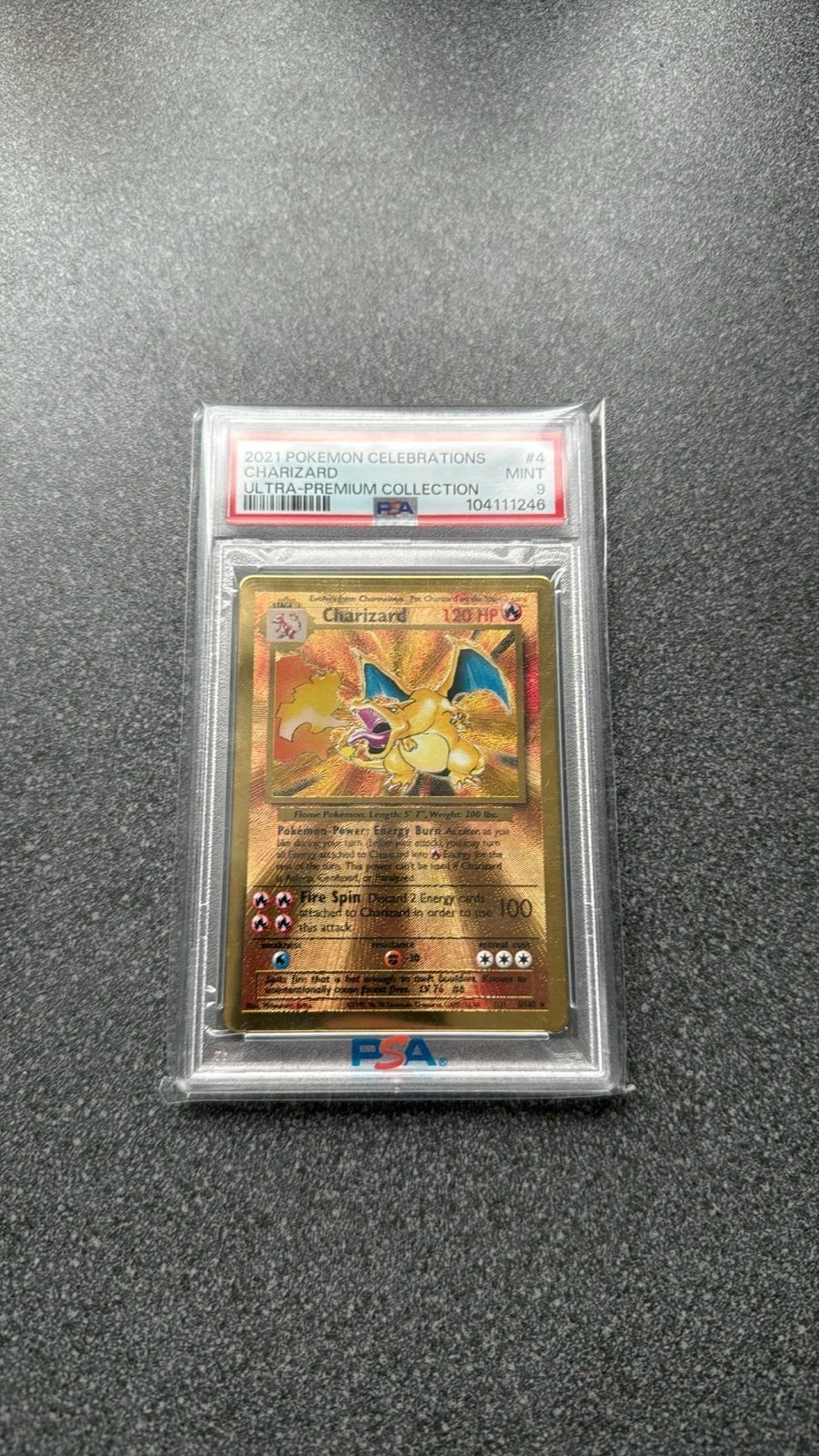 PSA 9 MINT Charizard Gold Metal Kaart 2021 Celebrations, Ophalen of Verzenden, Zo goed als nieuw, Losse kaart, Foil