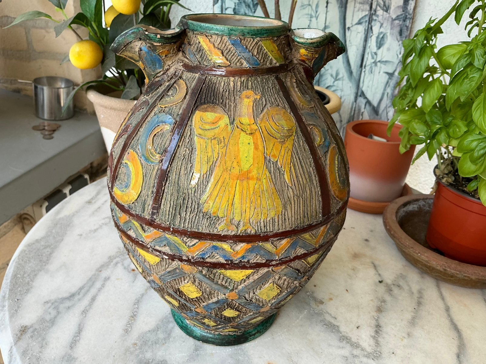 Italiaanse vaas,sgraffito aardewerk,handmade brocante vaas, Antiek en Kunst, Ophalen of Verzenden