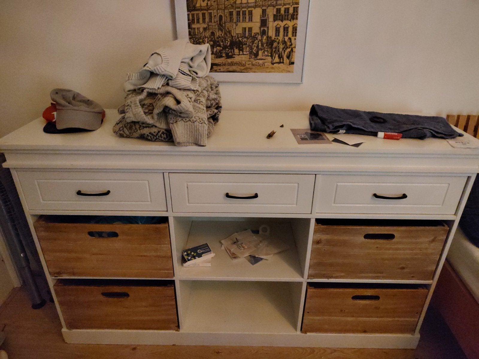 Wit dressoir met lades en opbergvakken, Ophalen, Met plank(en), Gebruikt, 100 tot 150 cm
