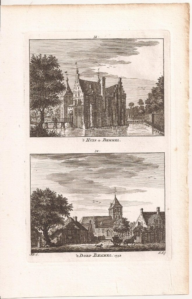 Bemmel. 't Huis te Bemmel. 't Dorp Bemmel. 1742 Simon Fokke, Antiek en Kunst, Stadsgezicht, Ophalen of Verzenden, 15 cm, 10 cm