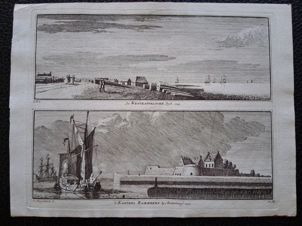 Antieke Gravure: Kasteel Ramkens & Westkappelsche Dyck 1743, Antiek en Kunst, Ophalen of Verzenden, Landschap, 1700 - 1799, Origineel