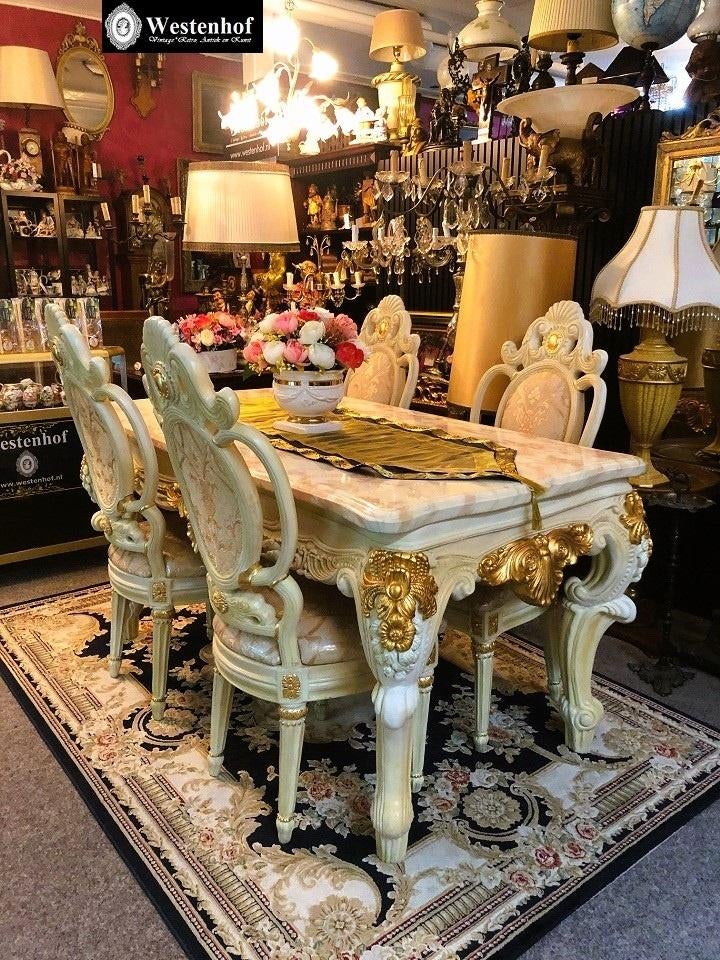 Barok eettafel luxe eethoek tafel 4 stoelen eetkamerstoelen, Ophalen, Overige materialen, Klassiek, 50 tot 100 cm