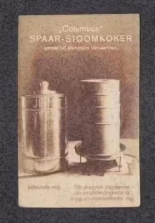 Reclamekaart Columbus Spaar Stoomkoker Stapelpannen., Ophalen of Verzenden, Voor 1920, Ongelopen, Overige thema's