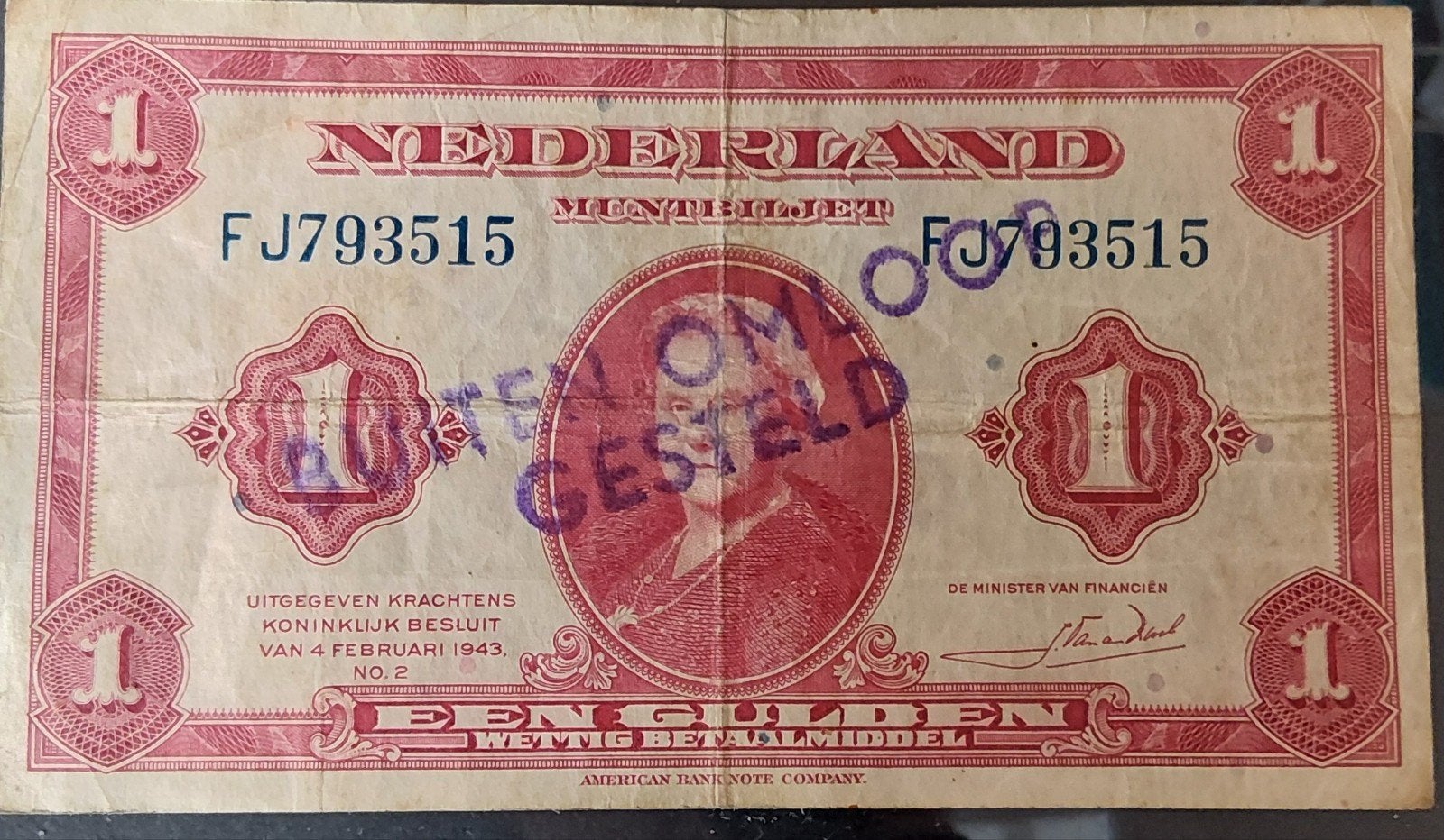 Nederland 1 Gulden 1943 Wilhelmina Buiten omloop gesteld, Postzegels en Munten, Verzenden, 2½ gulden, Los biljet