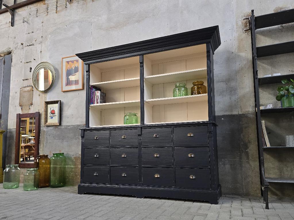 Vintage Blauwe Buffet Kast | Grote Buffetkast Hout Antiek, Met plank(en), Gebruikt, Antiek Retro Vintage Brocante Landelijk, 200 cm of meer
