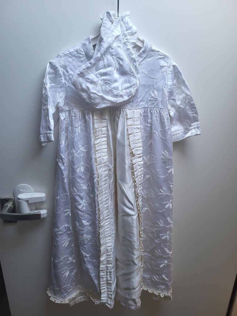 Vintage Doopjurk met Bonnet - Wit, Geborduurd, Ophalen of Verzenden