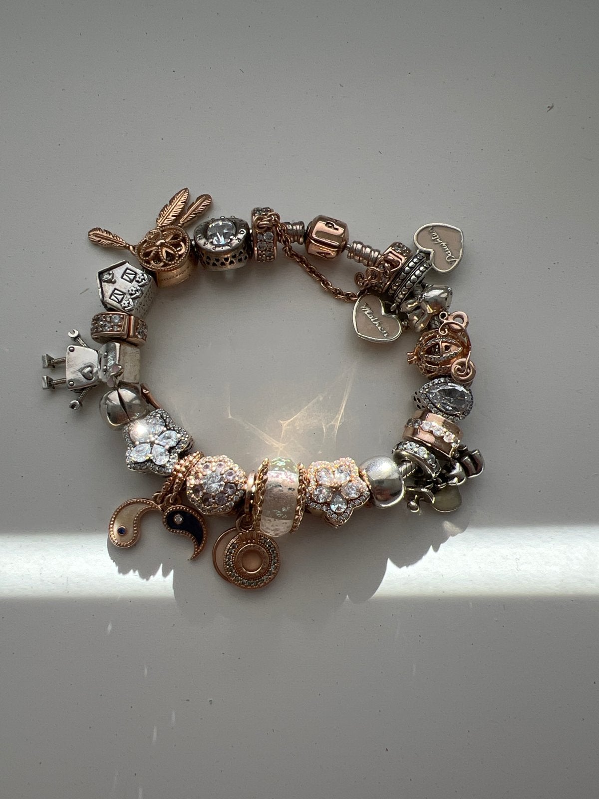 Pandora Armband Zilver/Roségoud met Exclusieve Bedels, Ophalen, Gebruikt, Zilver, Met bedels of kralen