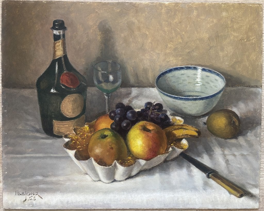 Hollandse School (XX) - Stilleven met fruit en fles drank, Antiek en Kunst, Kunst | Schilderijen | Klassiek, Ophalen of Verzenden