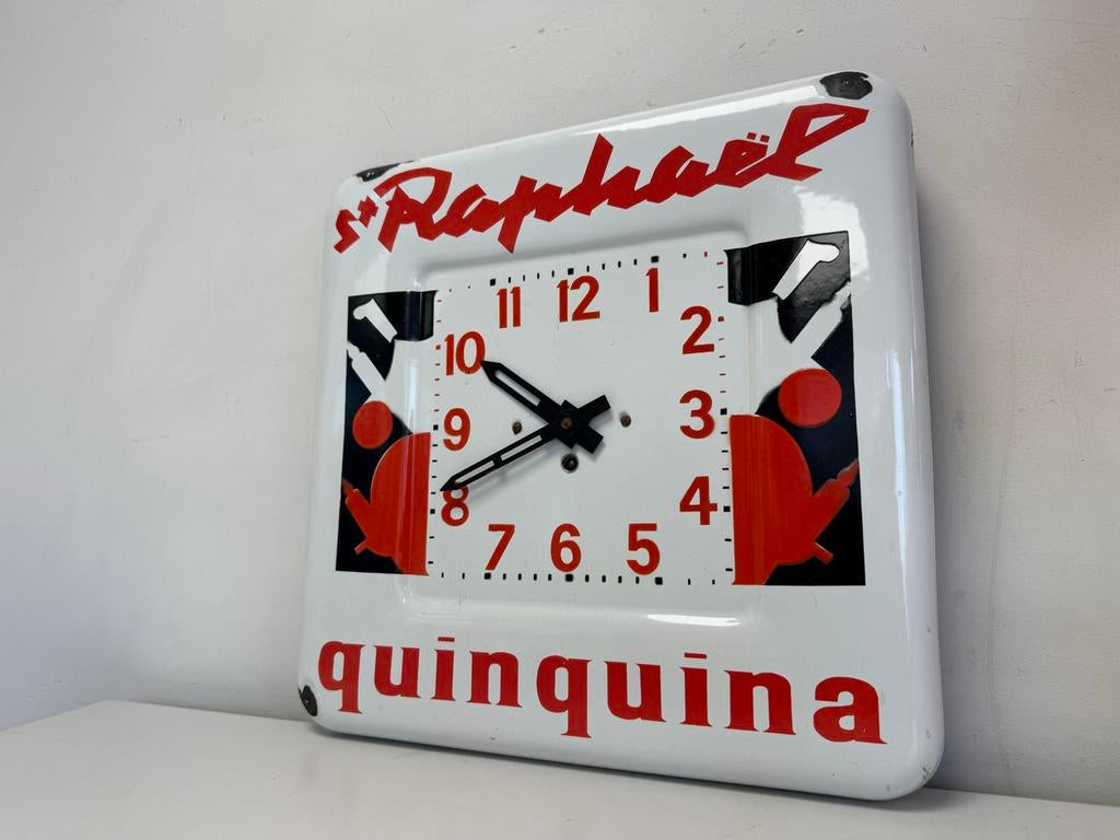 Vintage St Raphaël Quinquina Emaille Emaille Klok, Reclamebord, Gebruikt, ., Ophalen of Verzenden