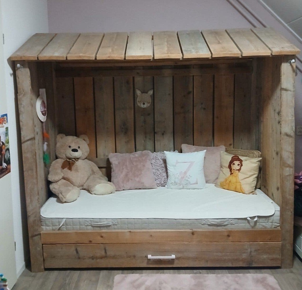 Steigerhouten kinderbed Robusto met XXL opberglade, Ophalen, Gebruikt, 90 cm, Eenpersoons