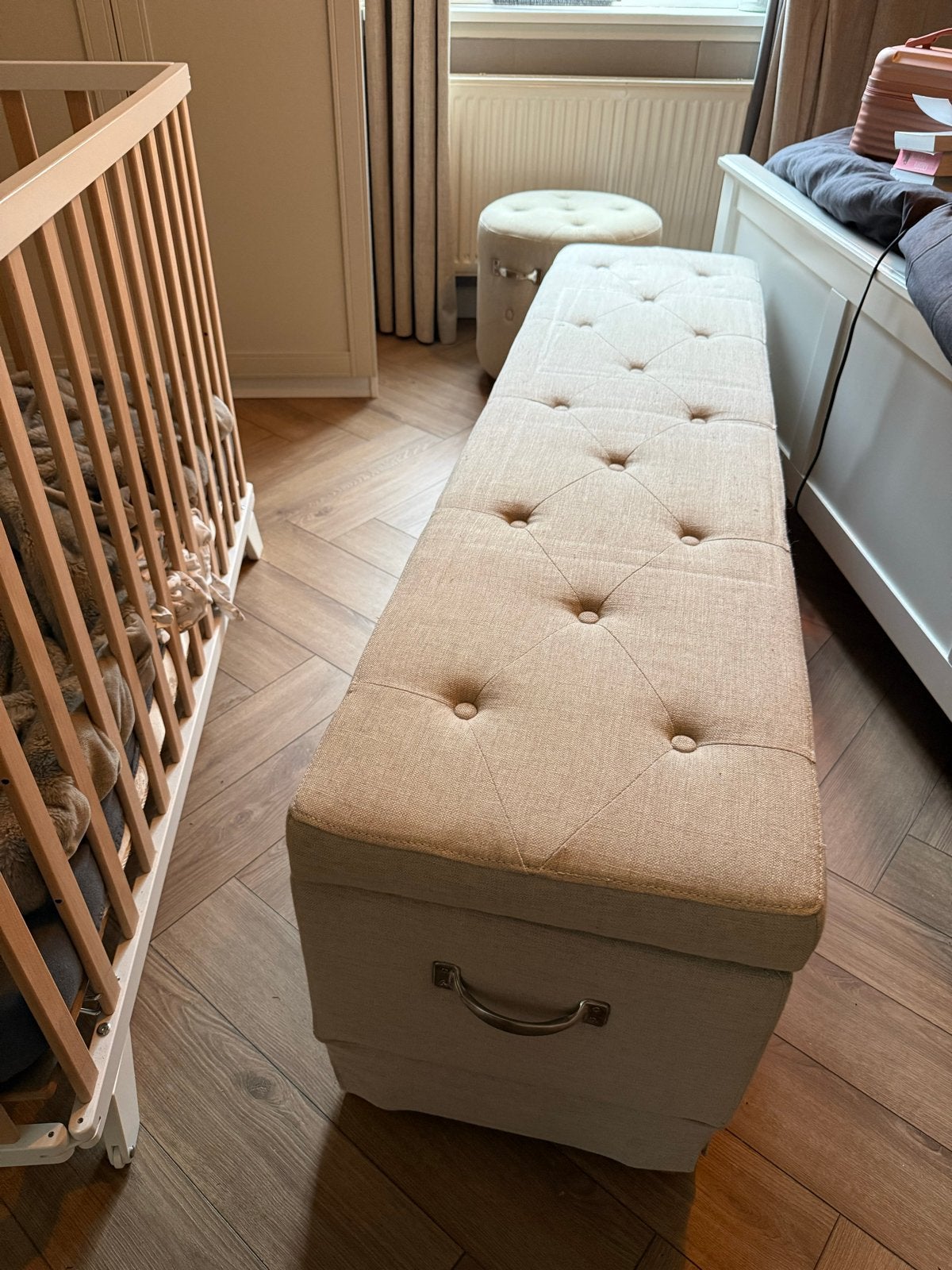 Rivièra Maison Klepbank en Poef - Beige, 50 tot 75 cm, 125 cm of meer, Ophalen of Verzenden, Zo goed als nieuw