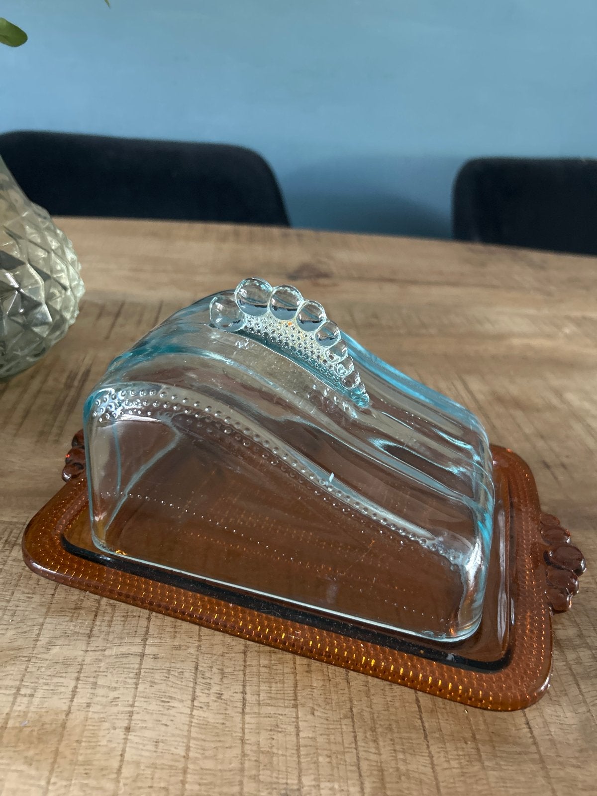 Vintage Glazen Botervloot met Amberkleurige Schaal, Ophalen of Verzenden