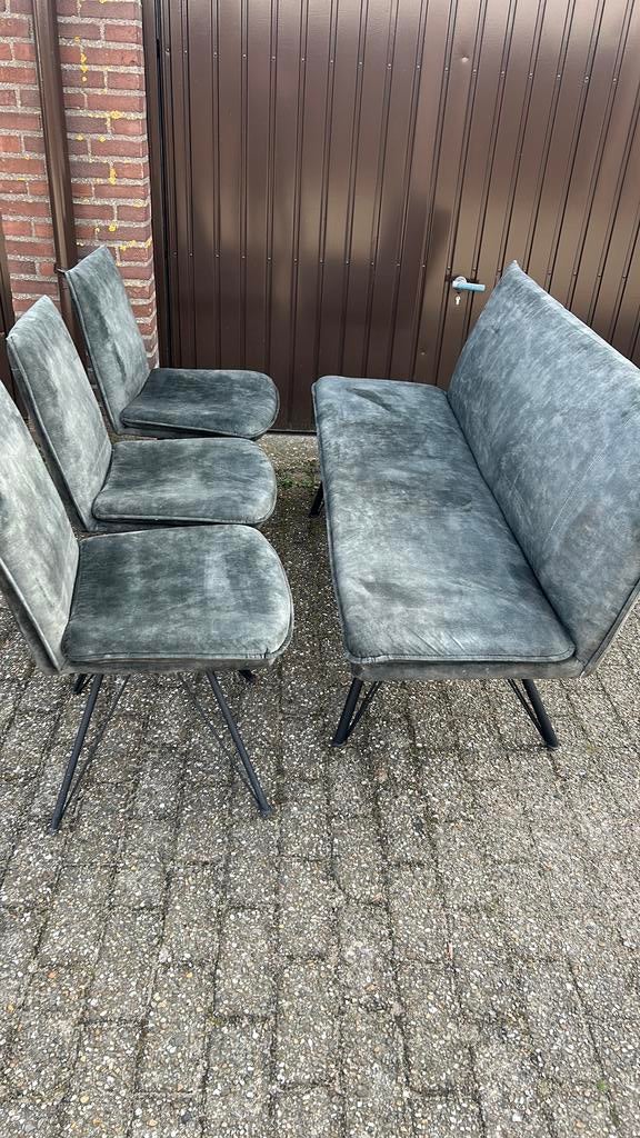 Eetkamerbank met 3 stoelen groen velvet bezorging mogelijk, Ophalen, Zo goed als nieuw, Overige kleuren, Drie