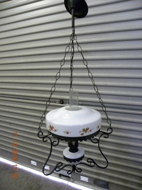 Hanglamp van smeedijzer met glazen kap voorzien van decorati, Ophalen of Verzenden, 'T Olde Gre-j, Info@toldegrej.nl, Endepoelstraat 20f Didam