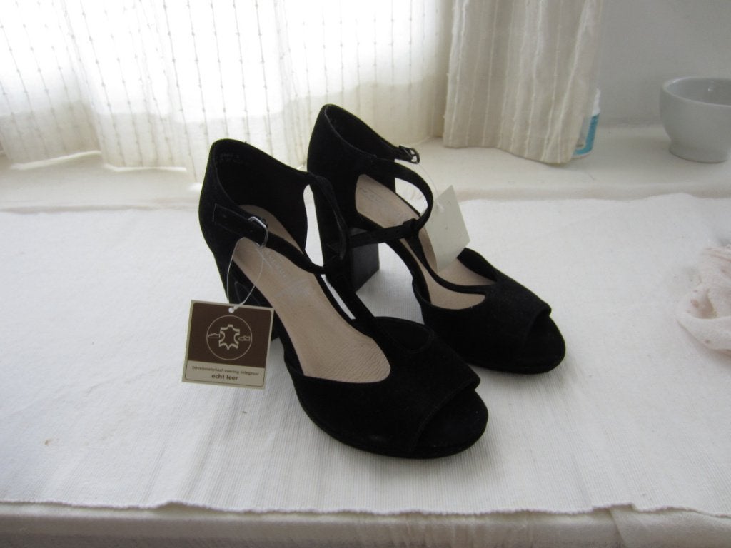 Zwart suède sandaaltjes met hak, echt leer, 36, Zwart, Nieuw, 5th Avenue, Sandalen of Muiltjes