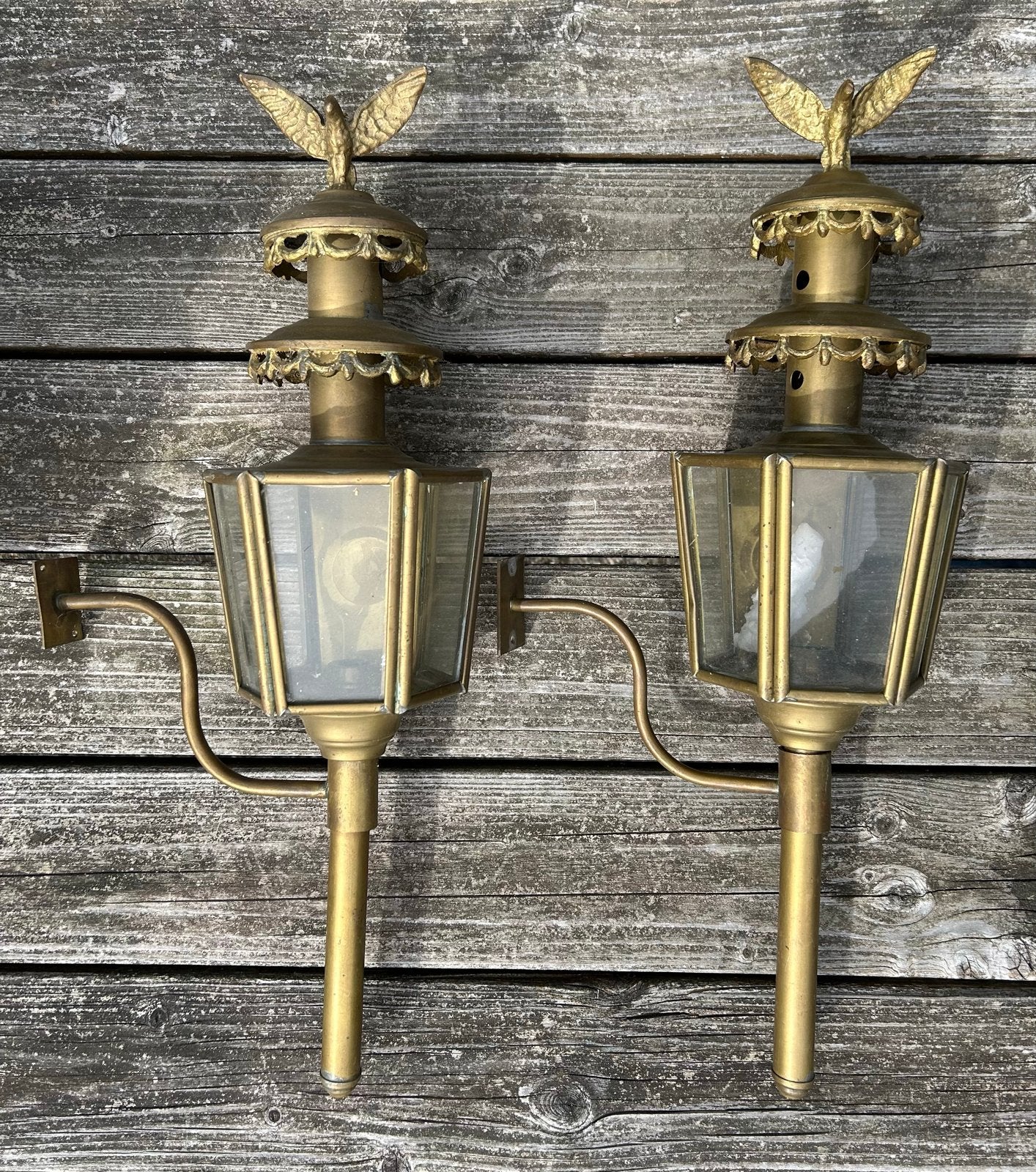 Set van 2 antieke messing wandlampen met adelaars, Ophalen