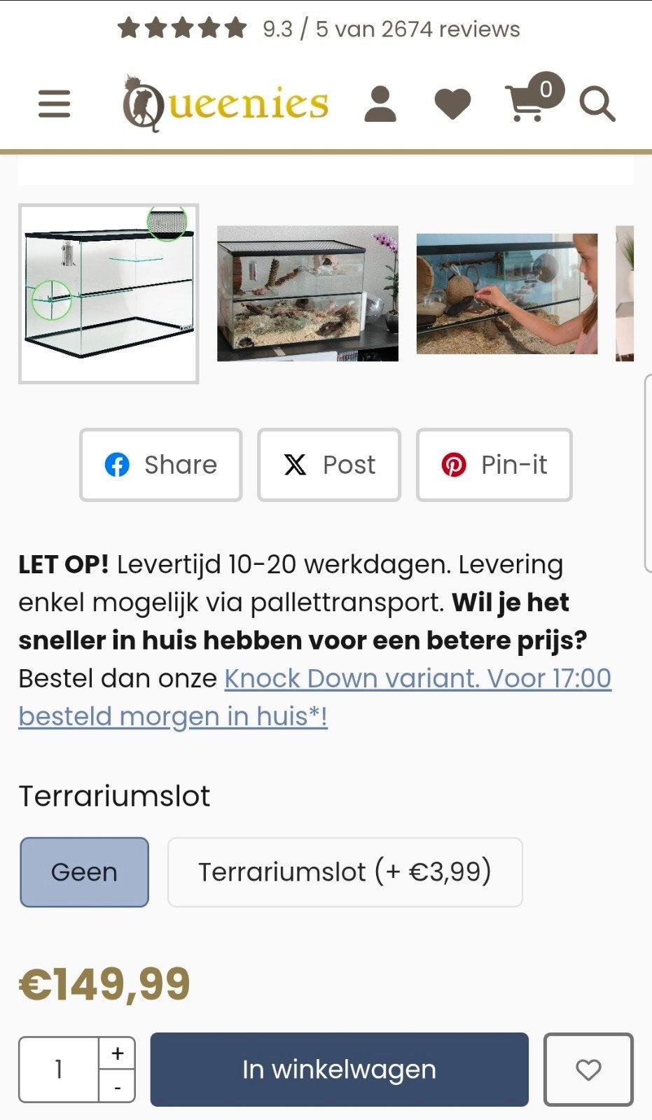 NIEUW Gerbilshop Queenies Hamsterkooi van glas 75×40×50 cm, Dieren en Toebehoren, Kooi, Muis, Minder dan 75 cm, Zo goed als nieuw