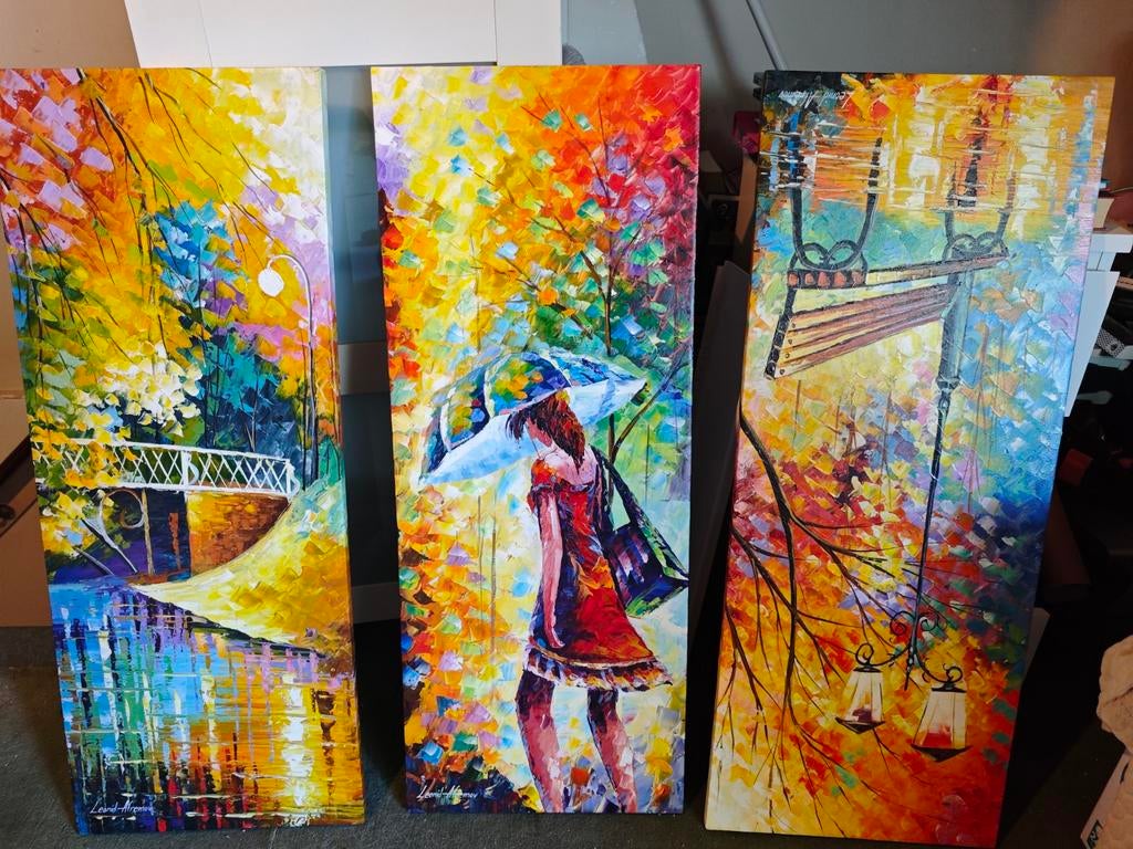 Leonid Afremov Stijl Schilderij - Levendige Stadsgezichten, Ophalen of Verzenden