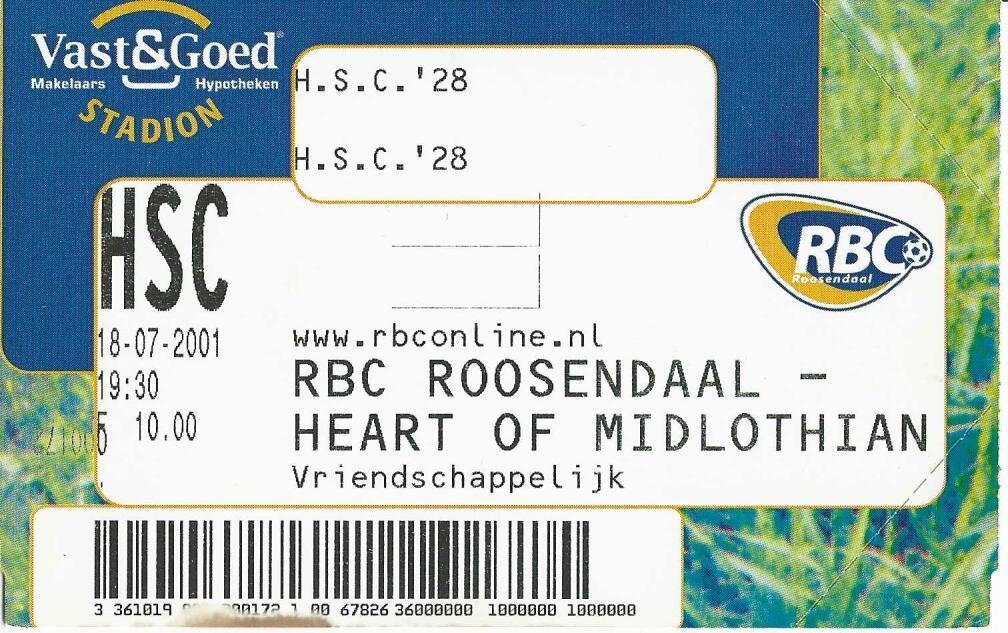 Ticket 01-02 RBC - Hearts, Ophalen of Verzenden, Zo goed als nieuw, Overige binnenlandse clubs, Overige typen