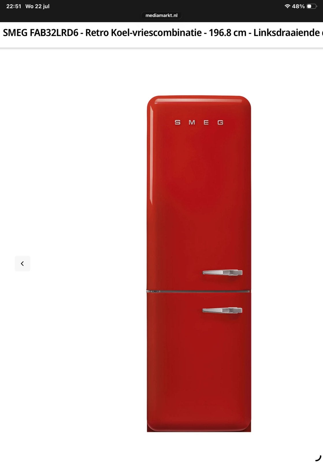 Smeg koelkast, Ophalen, Gebruikt, 120 tot 140 cm, 100 tot 150 liter