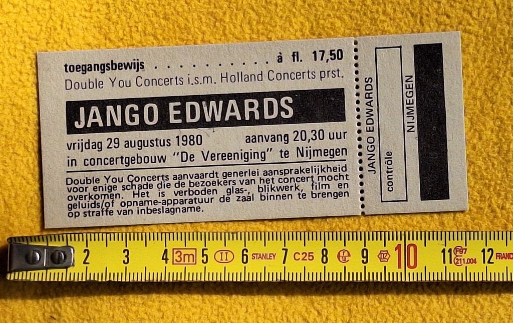 JANGO EDWARDS -1980 de VEREENIGING (ongebruikt ticket), Ophalen of Verzenden, Nieuw, Foto of Kaart