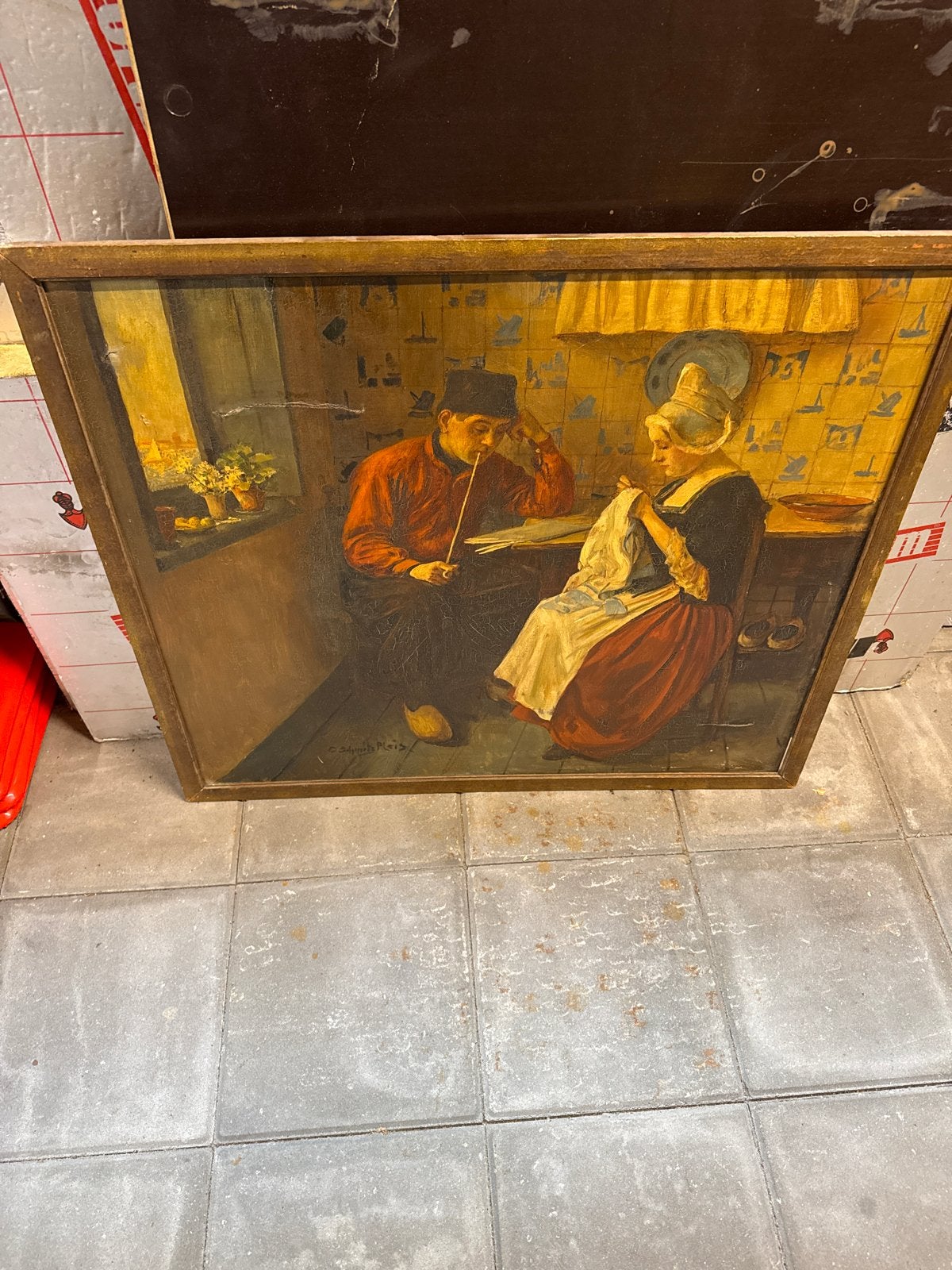 Oud Hollands tafereel: Man met pijp en vrouw aan het naaien, Ophalen, Doek, Portret of Personen, Oud hollands