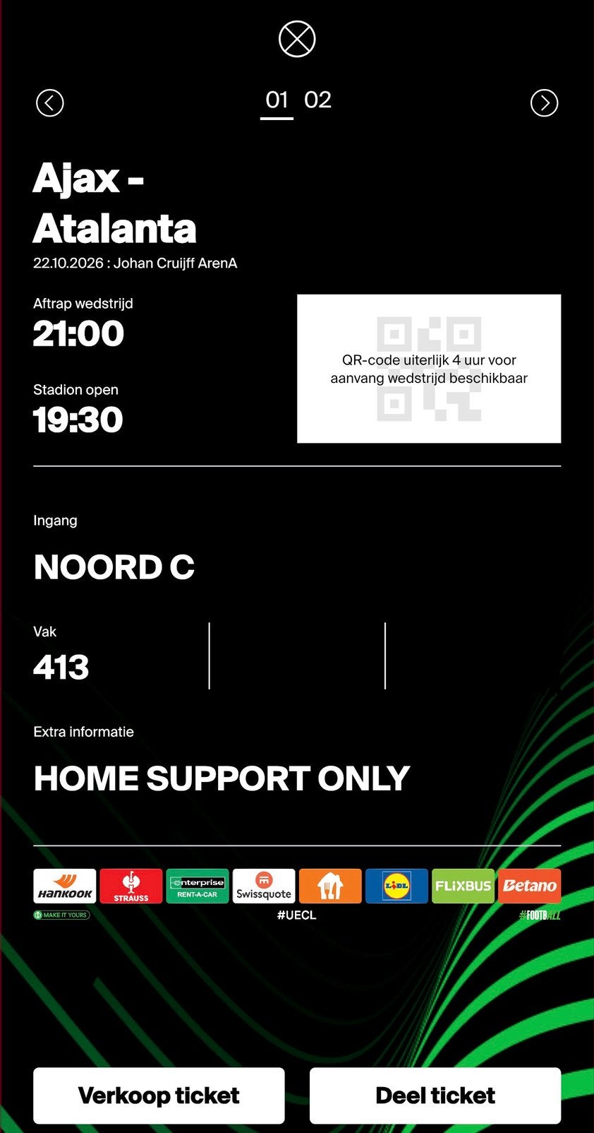 2 Tickets Ajax - Atalanta naast elkaar Vak 413, Tickets en Kaartjes, Twee personen, Oktober