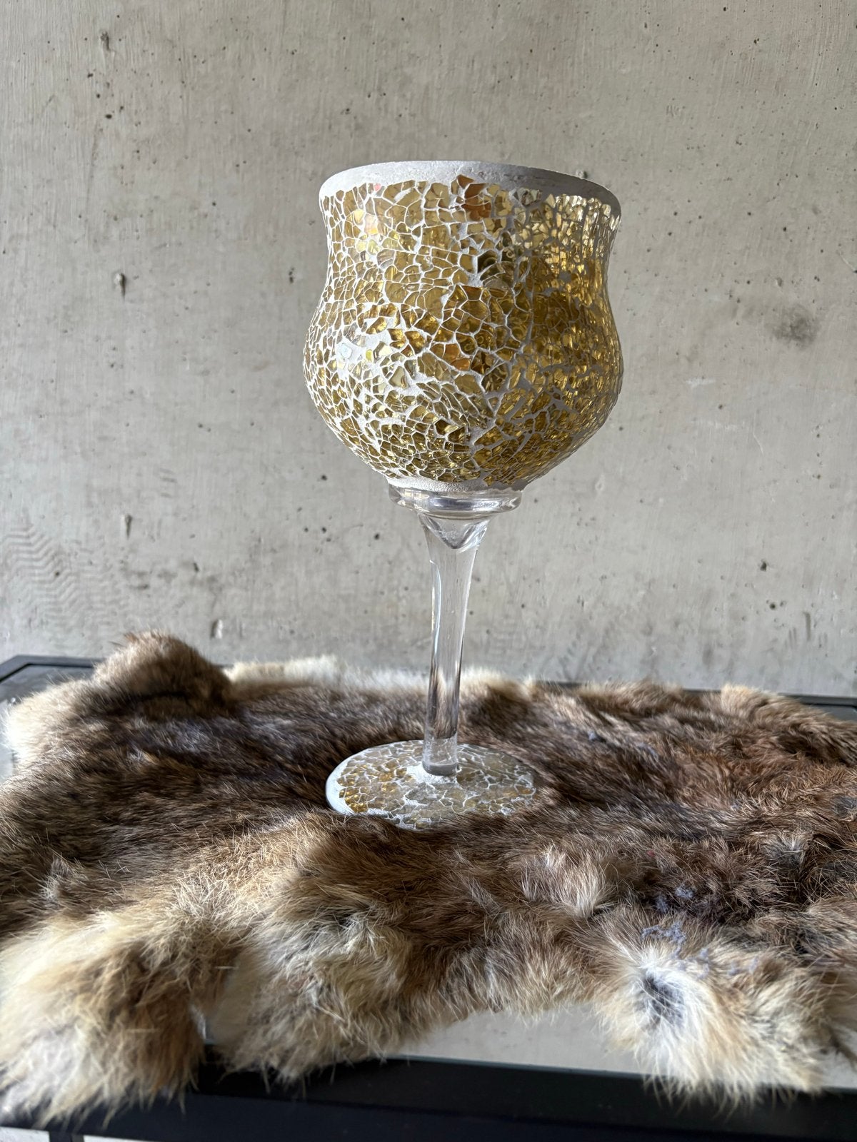 Gouden Windlicht met Voet - Mozaïek Design, Ophalen, Overige stijlen, Zo goed als nieuw, Goud