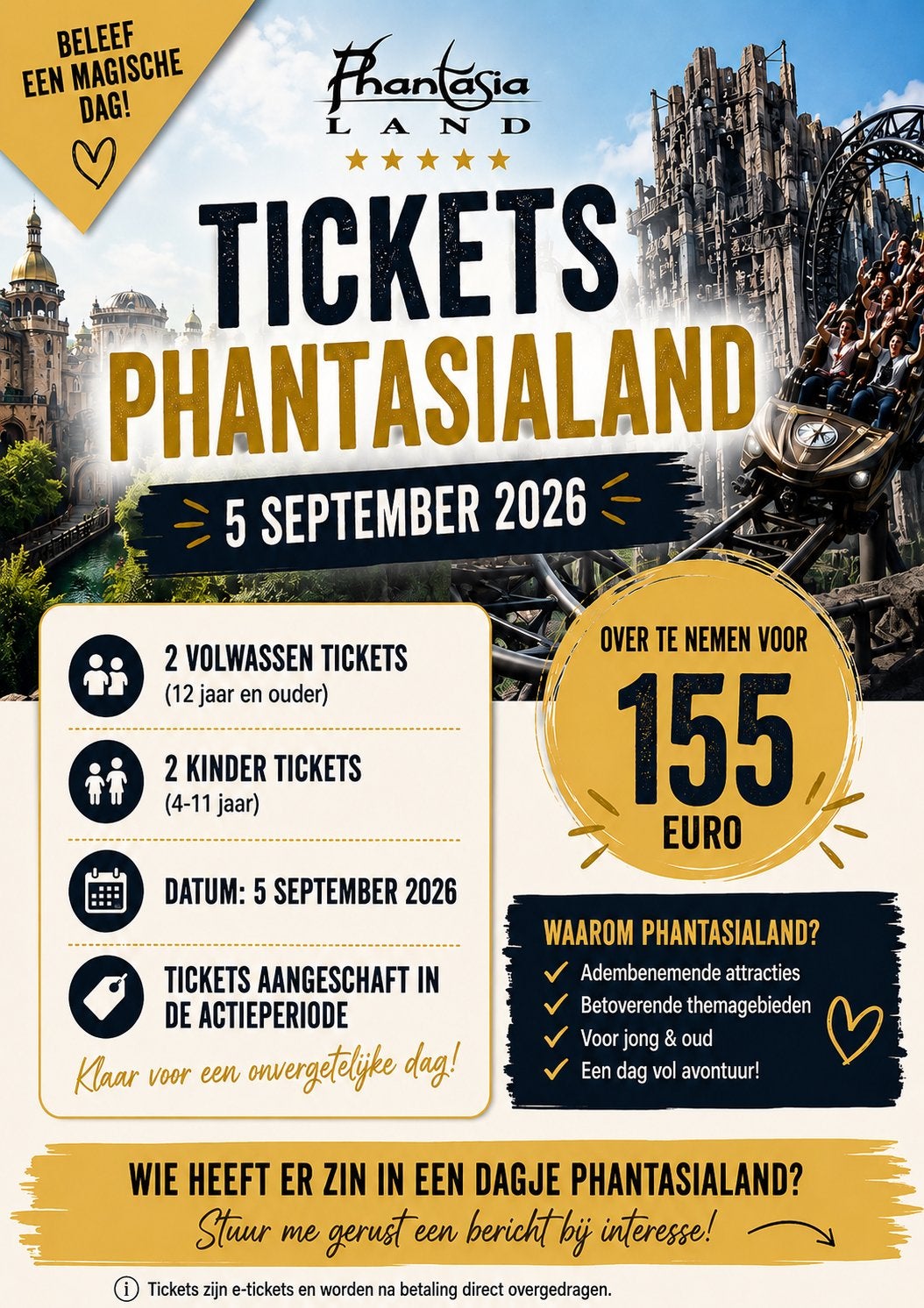 Tickets Phantasialand 5 september 2 volw 2 kind, Tickets en Kaartjes, Drie personen of meer, Ticket of Toegangskaart