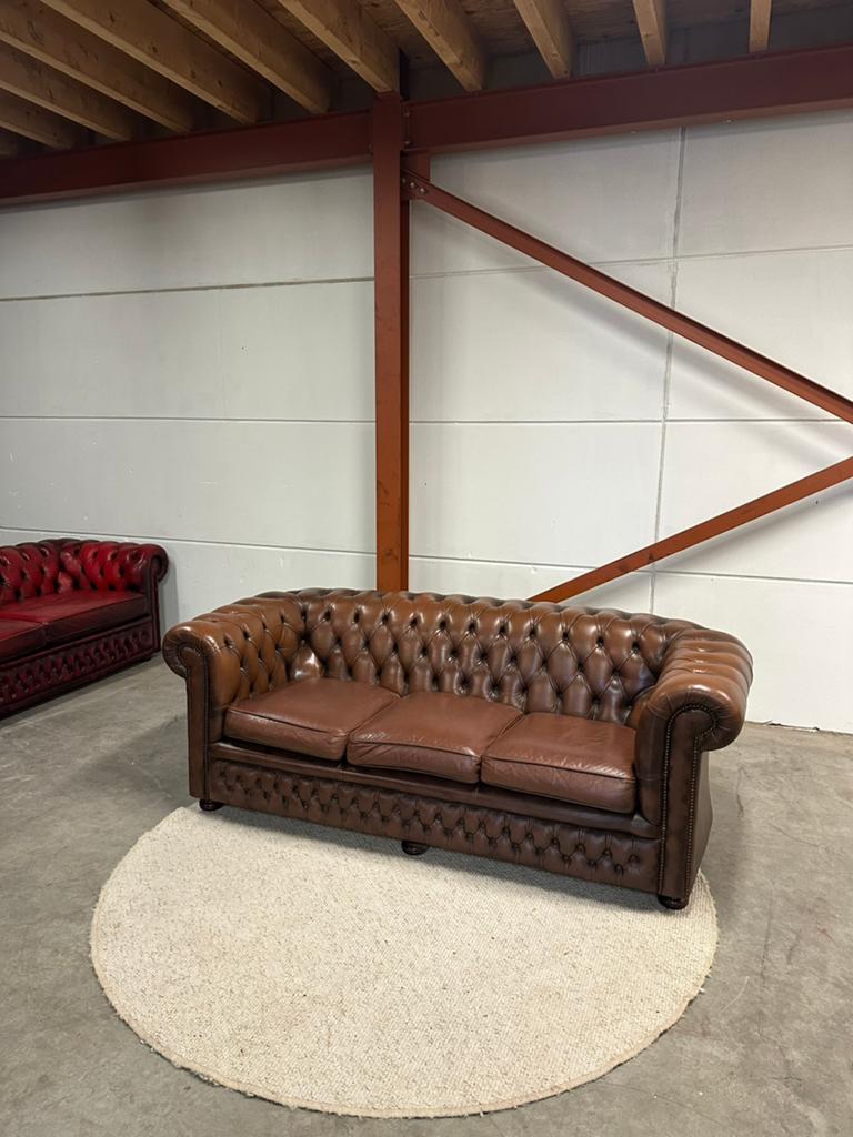 Bruine leren chesterfield bank 3 zits bankstel vintage, Antiek en Kunst, Ophalen of Verzenden