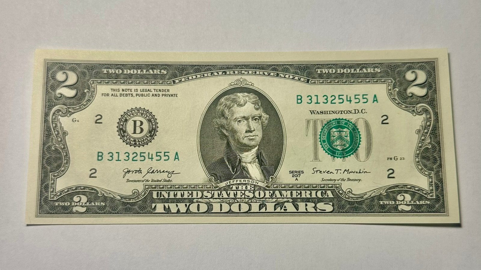 2 dollar biljet USA 2017A UNC, Ophalen of Verzenden, Noord-Amerika, Los biljet