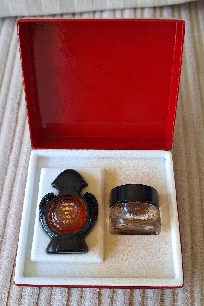 Cartier Panthère Parfum en Crème Set - Vintage, Ophalen of Verzenden, Nieuw, Miniatuur, Gevuld