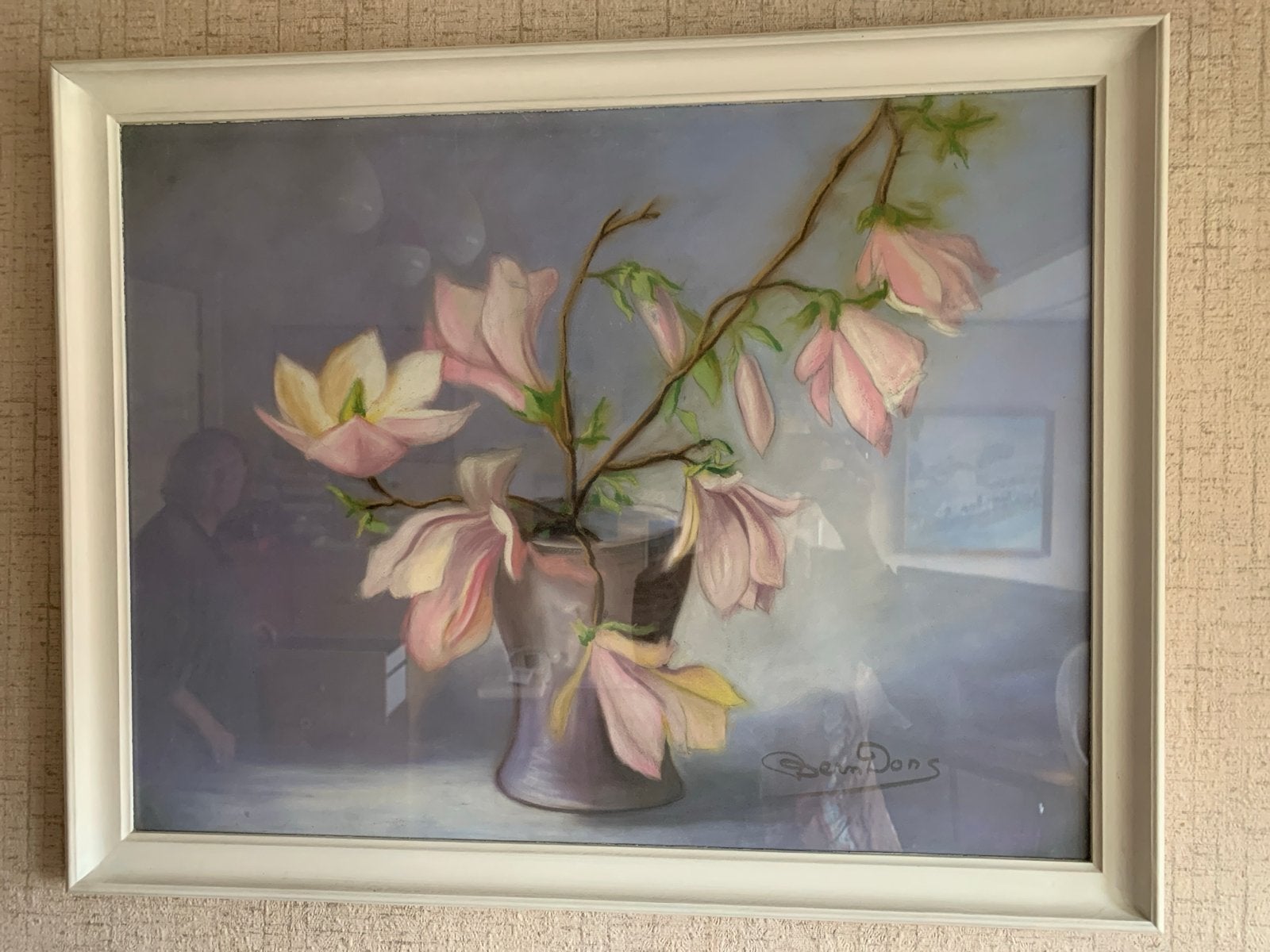 Schilderij met Roze Bloemen in Vaas - Bernard Dons, Doek, Realistisch, Gesigneerd, Olieverf