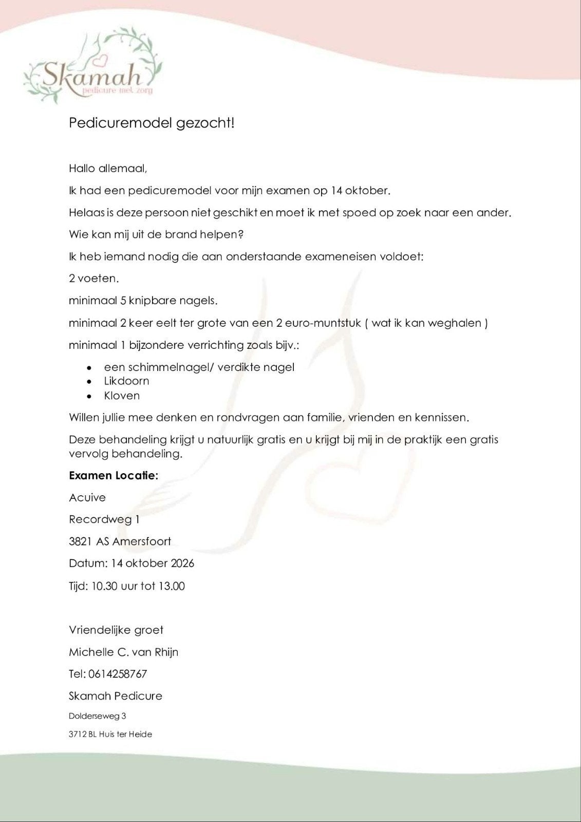 Gezocht examen basis pedicure model