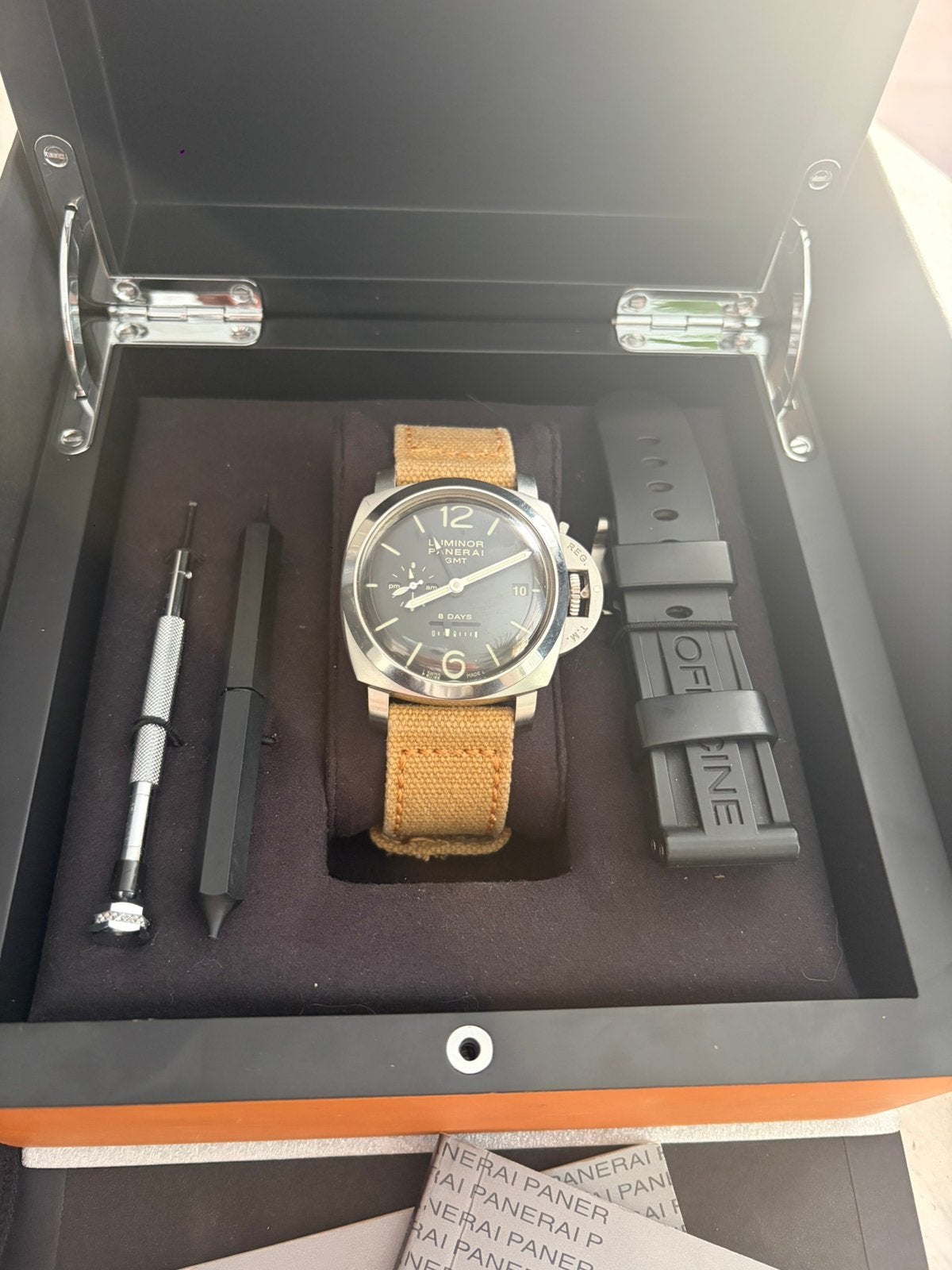 Panerai luminor 8 days gmt ( compleet), Ophalen, Zo goed als nieuw, Leer, Overige merken