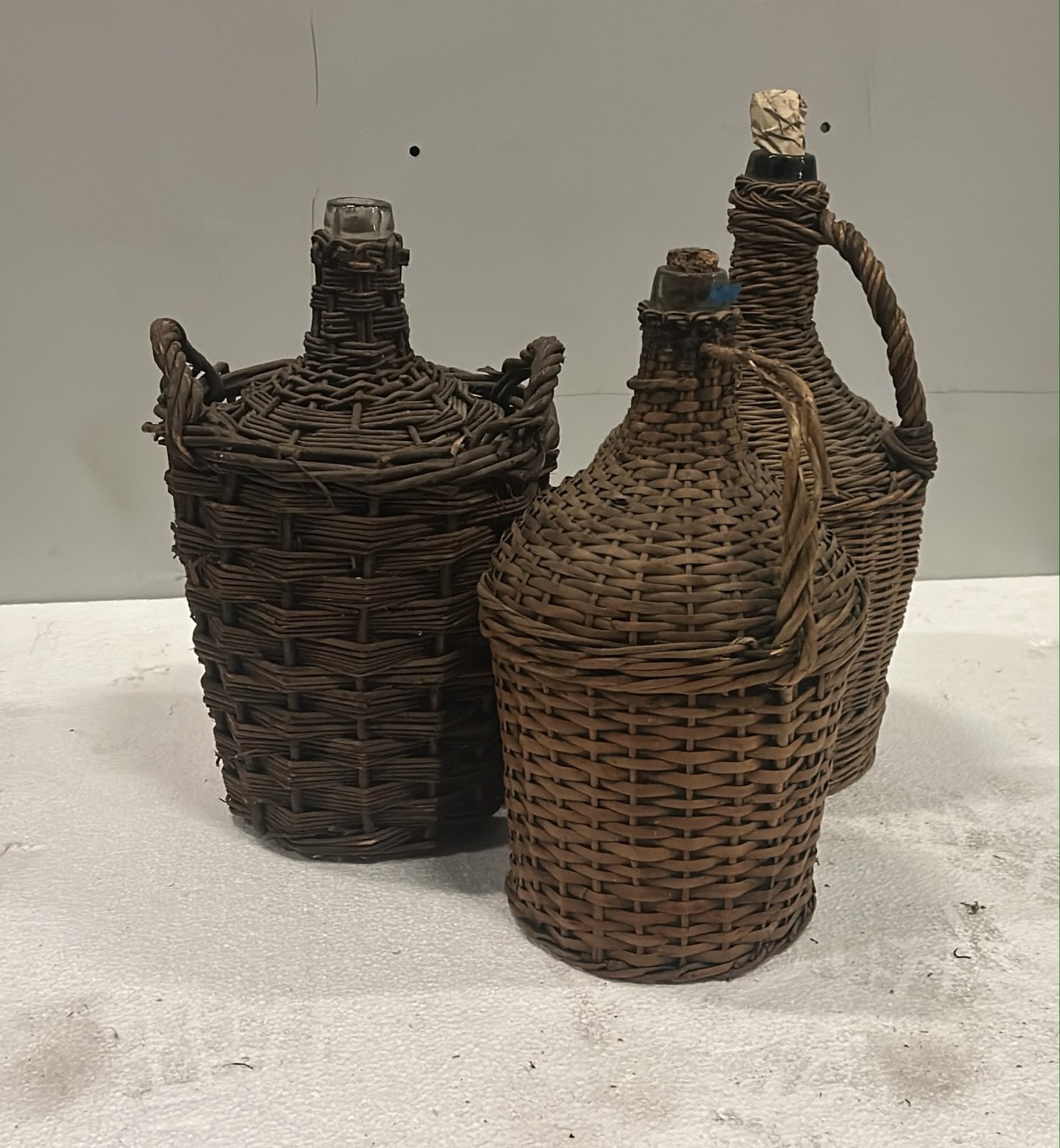 Set van 3 vintage rieten flessen/mandflessen, Ophalen