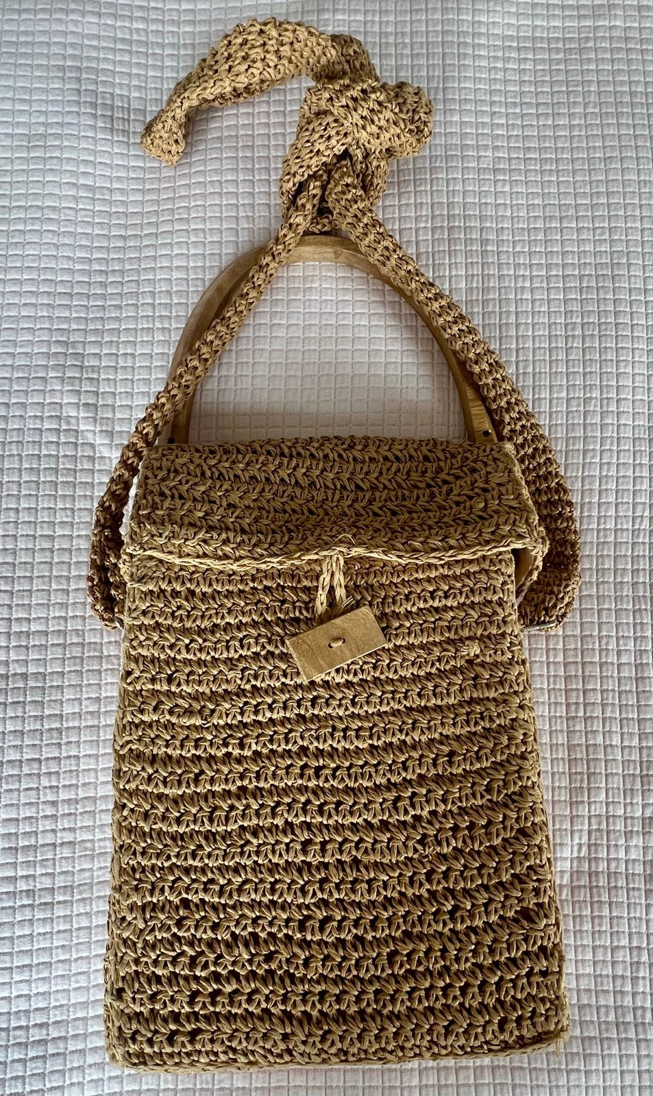 Stro tas met houten handvat en schouderband, Ophalen of Verzenden, Zo goed als nieuw, Beige, Handtas