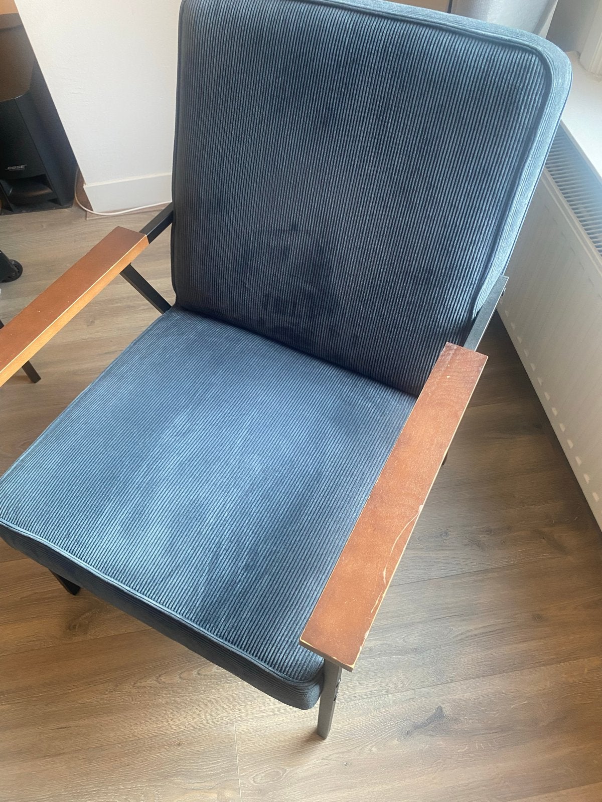 WoooD fauteuil blauwe ribstof, Ophalen, 75 tot 100 cm, Zo goed als nieuw, 50 tot 75 cm