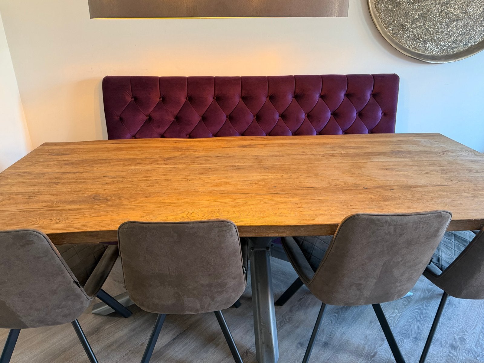 Eikenhouten tafel (Hazel & Henderson) met bank en lamp, Ophalen, Gebruikt, 100 tot 150 cm, Eikenhout