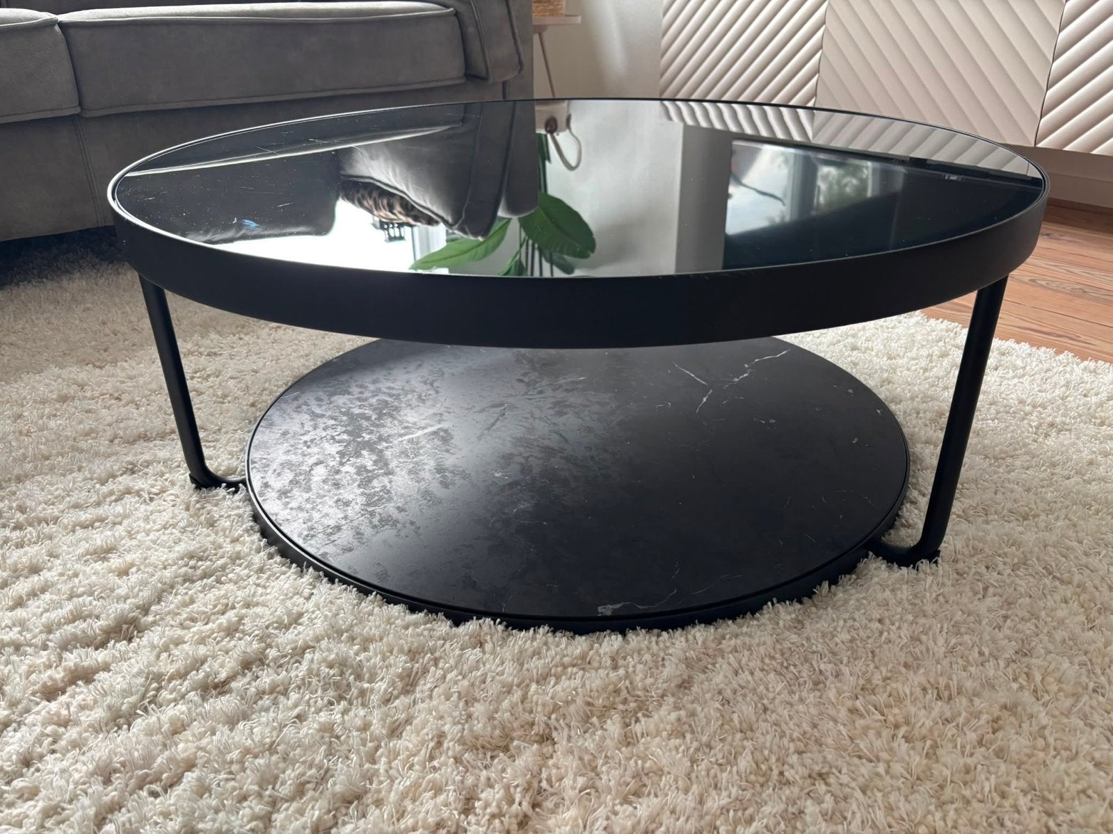 Antraciet marmerpatroon salontafel met zwart glas, 88 cm, Huis en Inrichting, Ophalen, Gebruikt, Rond, 50 tot 100 cm