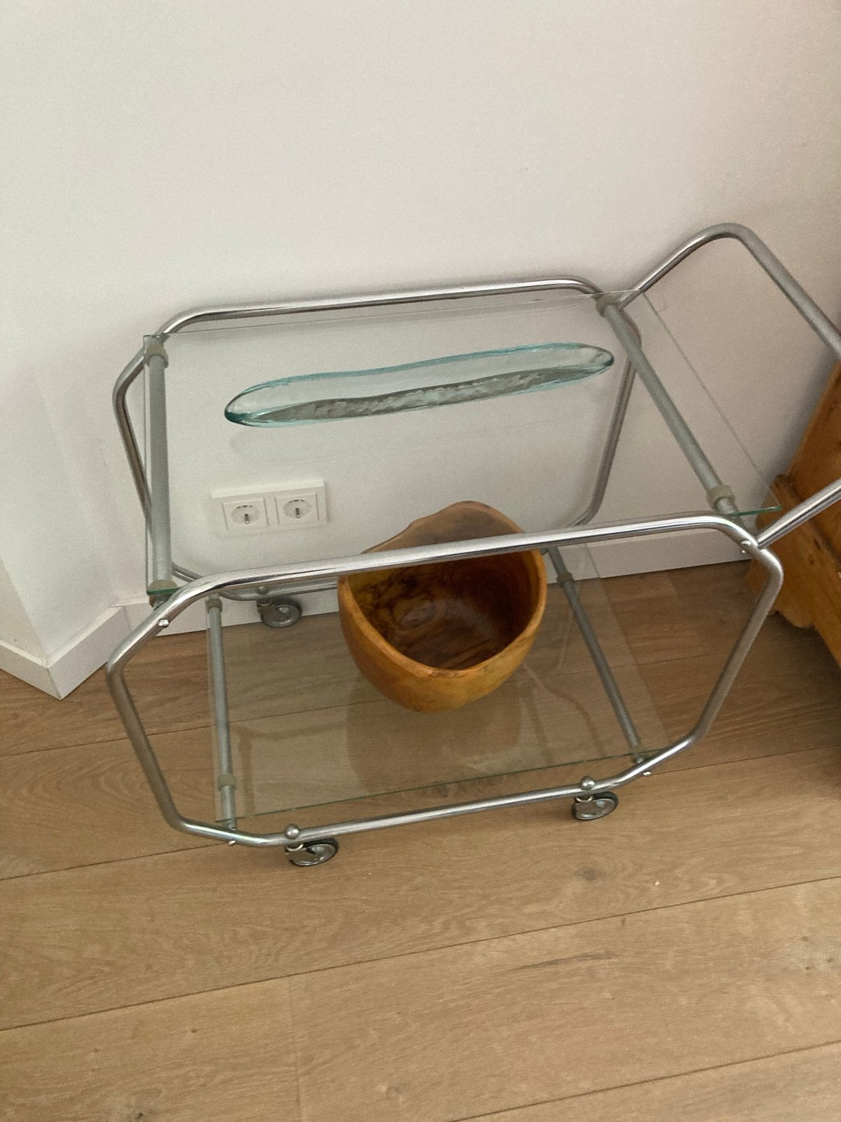 Vintage Glazen Serveerwagen met Chroom Frame, Huis en Inrichting, Tafels | Bijzettafels, Gebruikt, Glas, 75 cm of meer, Rechthoekig