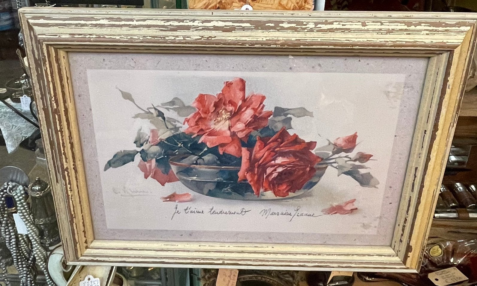 Mooi brocant schilderij Bloemen stilleven met tekst, Antiek en Kunst, Verzenden