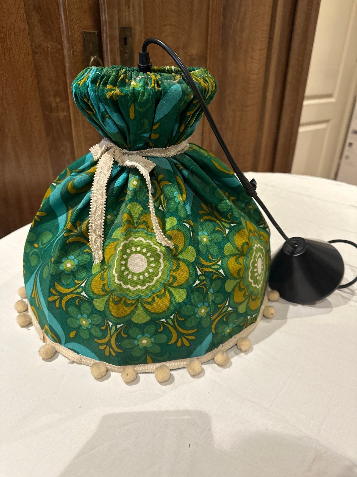 Vintage Groene Stoffen Lampenkap met Pompons, Antiek en Kunst, Ophalen