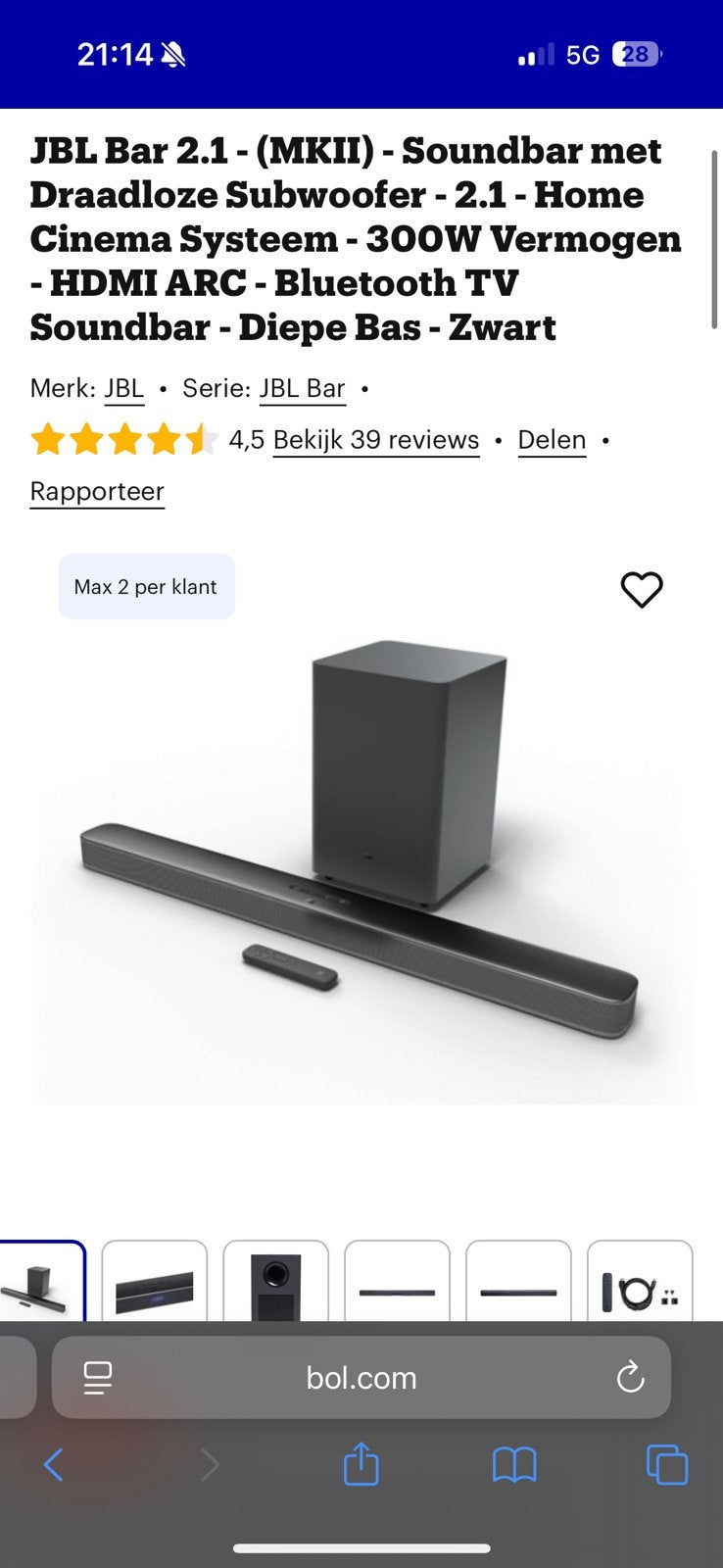 JBL bar 2.1 Soundbar+subwoofer, Ophalen, Zo goed als nieuw